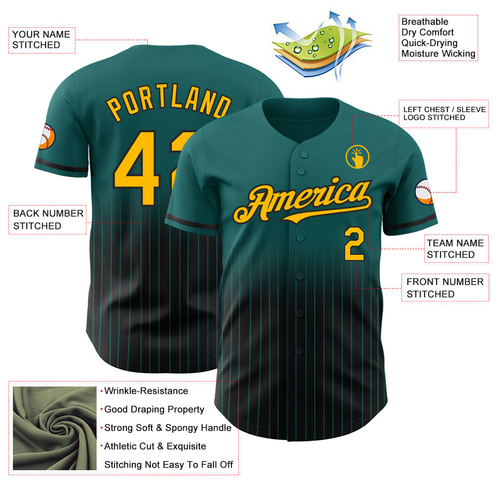 Custom Teal Pinstripe Gold-Black Authentic Fade Fashion Baseball Jersey baseball jersey product view 4