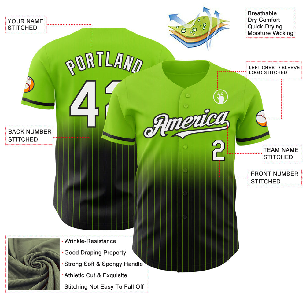 Custom Neon Green Pinstripe White-Black Authentic Fade Fashion Baseball Jersey baseball jersey product view 4
