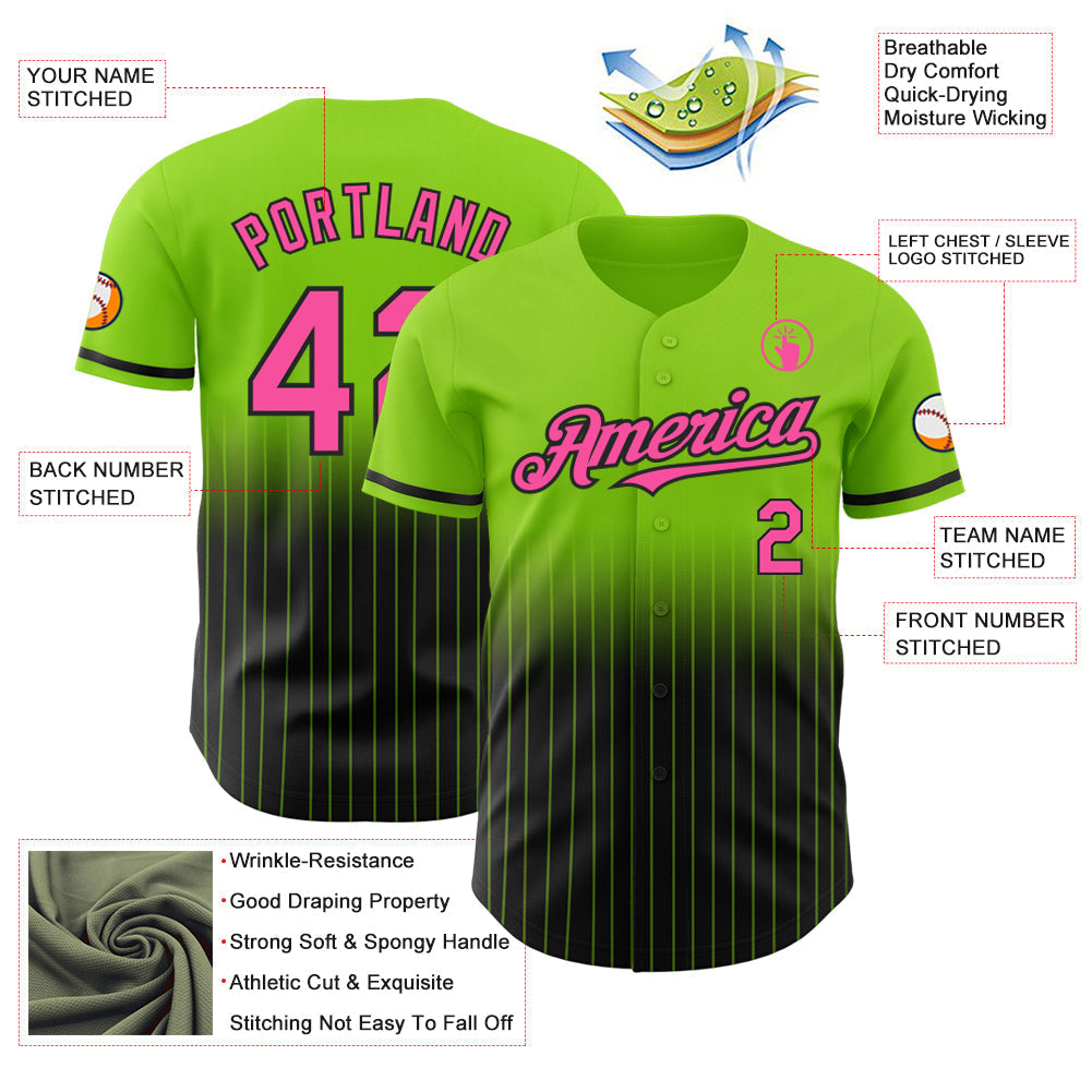 Custom Neon Green Pinstripe Pink-Black Authentic Fade Fashion Baseball Jersey baseball jersey product view 4