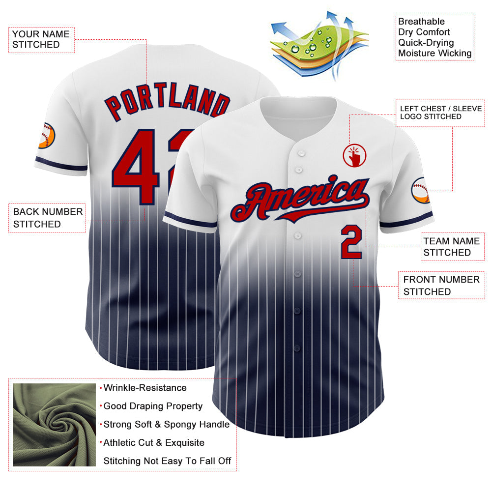Custom White Pinstripe Red-Navy Authentic Fade Fashion Baseball Jersey baseball jersey product view 4