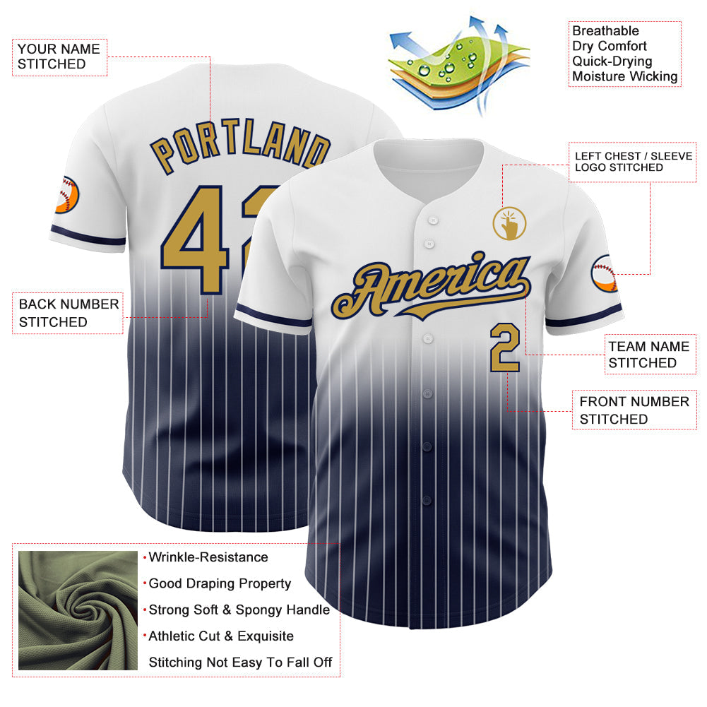 Custom White Pinstripe Old Gold-Navy Authentic Fade Fashion Baseball Jersey baseball jersey product view 4