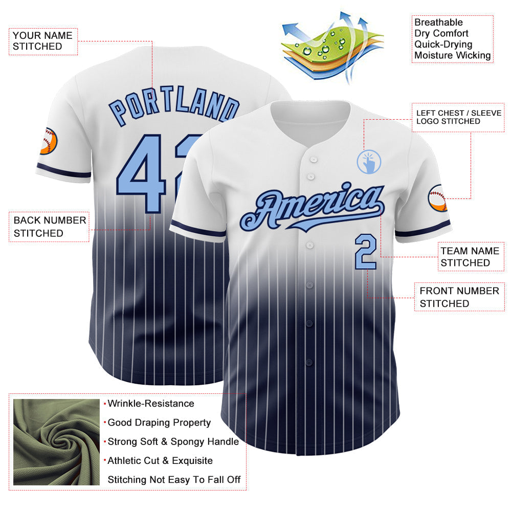 Custom White Pinstripe Light Blue-Navy Authentic Fade Fashion Baseball Jersey baseball jersey product view 4