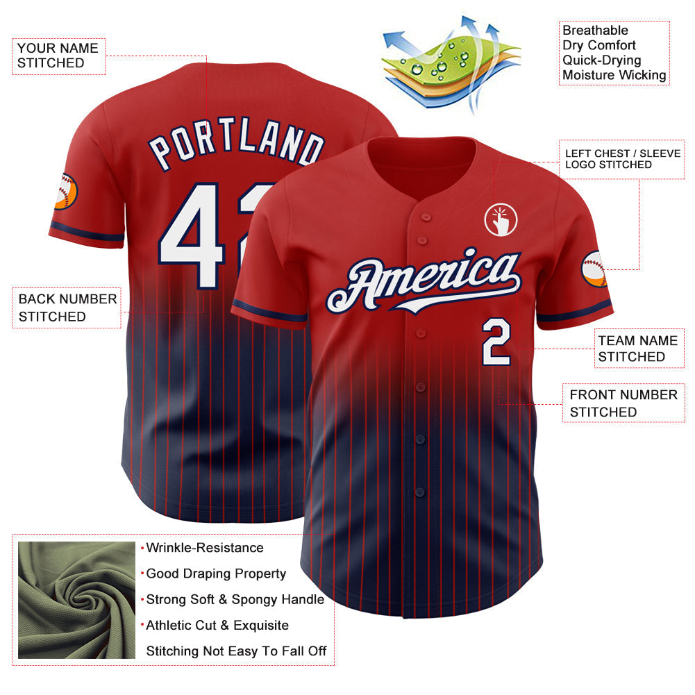 Custom Red Pinstripe White-Navy Authentic Fade Fashion Baseball Jersey baseball jersey product view 4