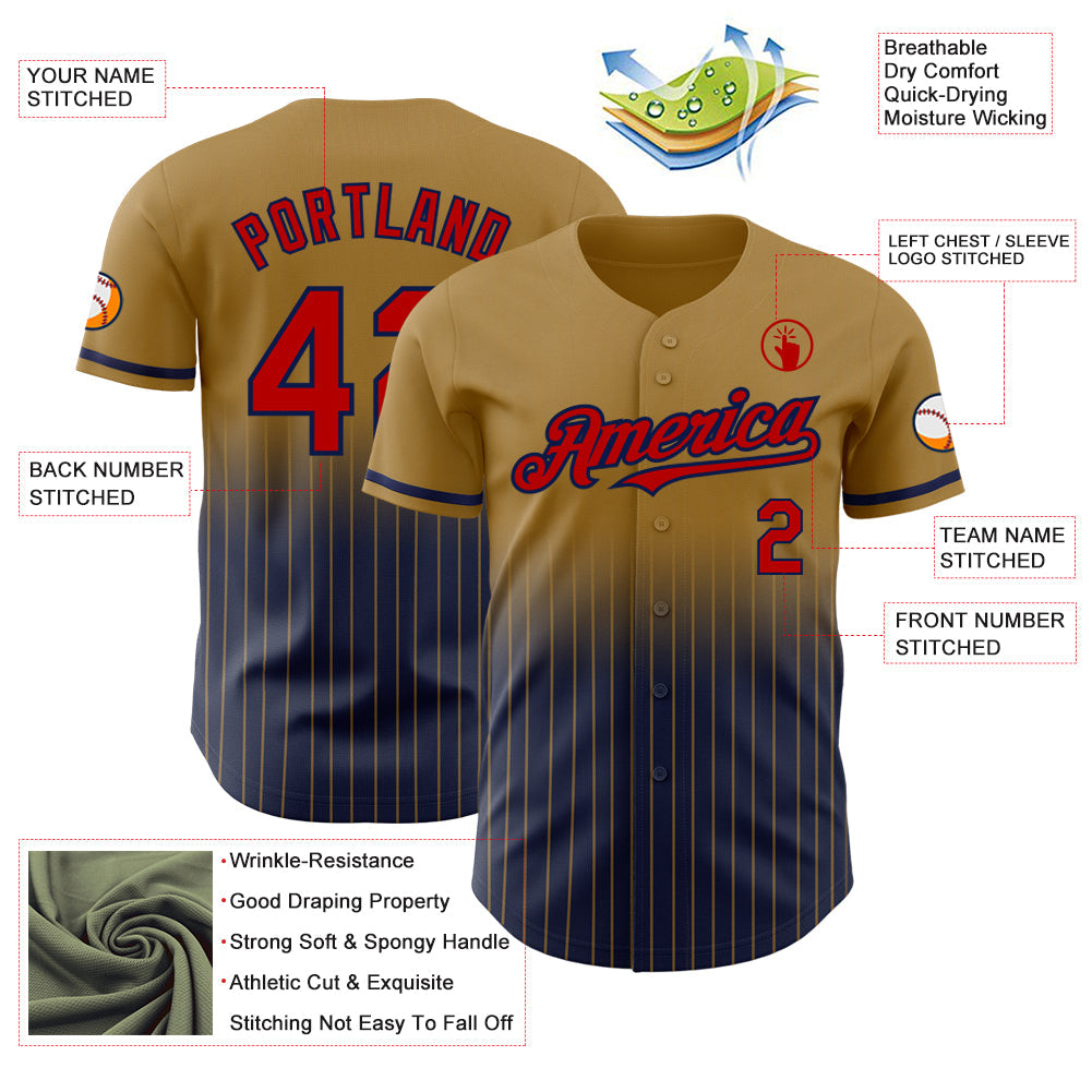 Custom Old Gold Pinstripe Red-Navy Authentic Fade Fashion Baseball Jersey baseball jersey product view 4