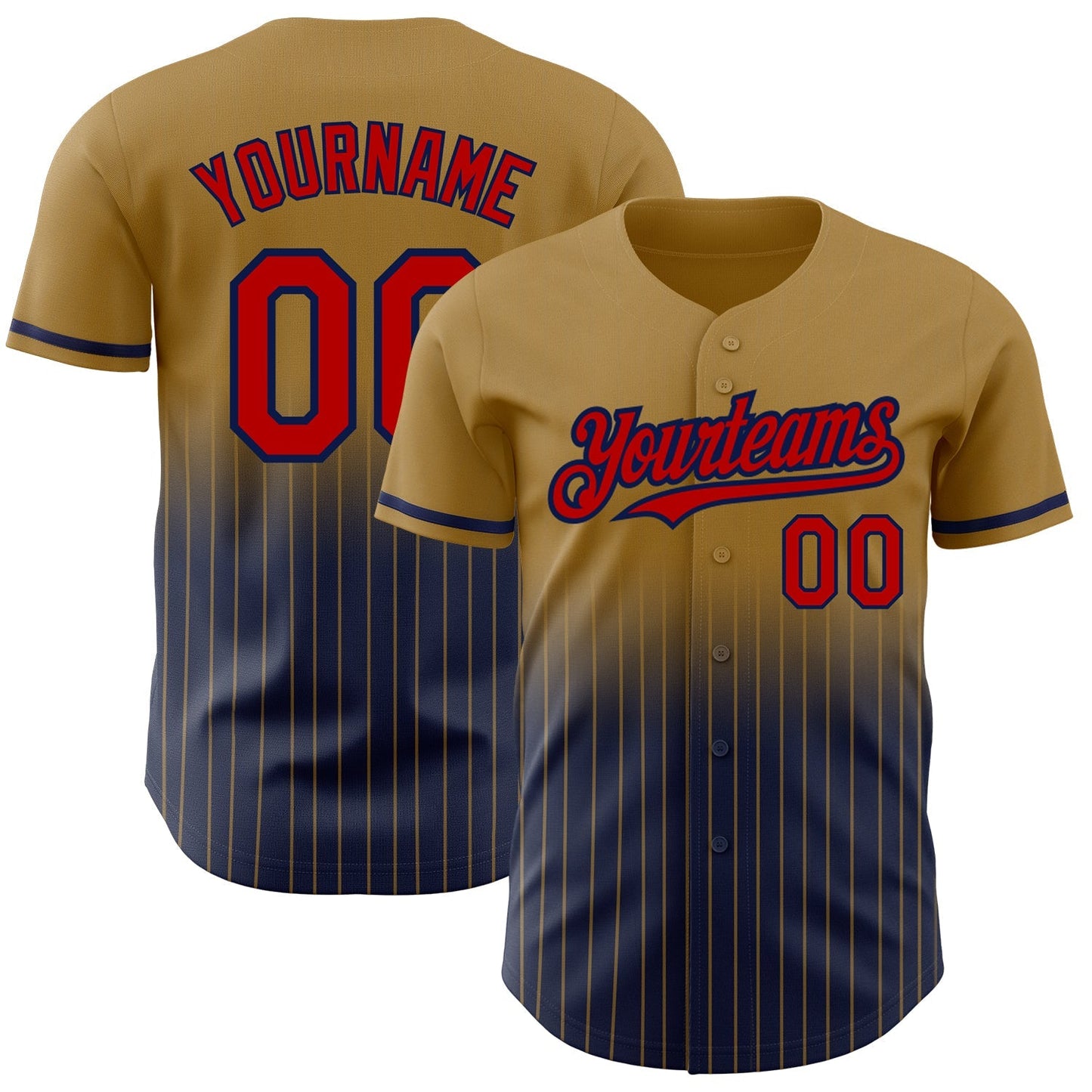 Custom Old Gold Pinstripe Red-Navy Authentic Fade Fashion Baseball Jersey baseball jersey product view 1
