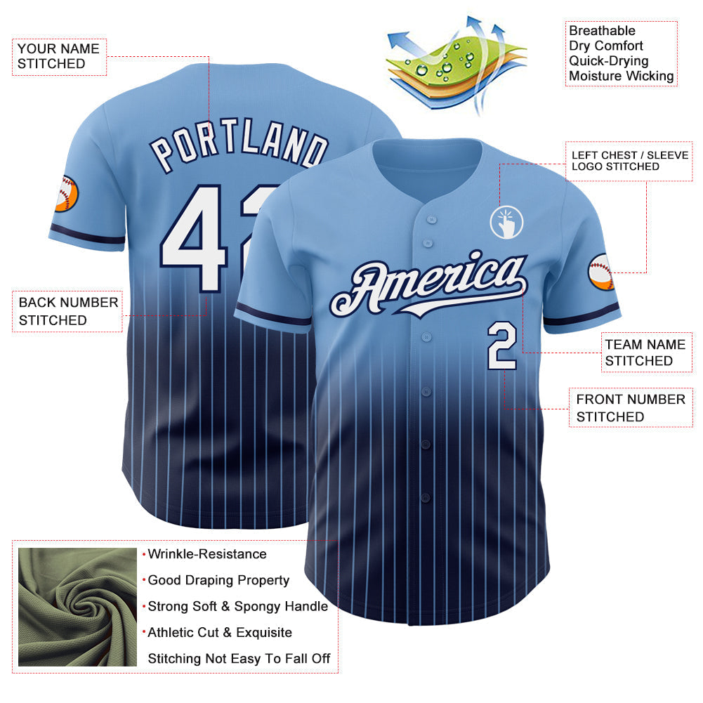 Custom Light Blue Pinstripe White-Navy Authentic Fade Fashion Baseball Jersey baseball jersey product view 4
