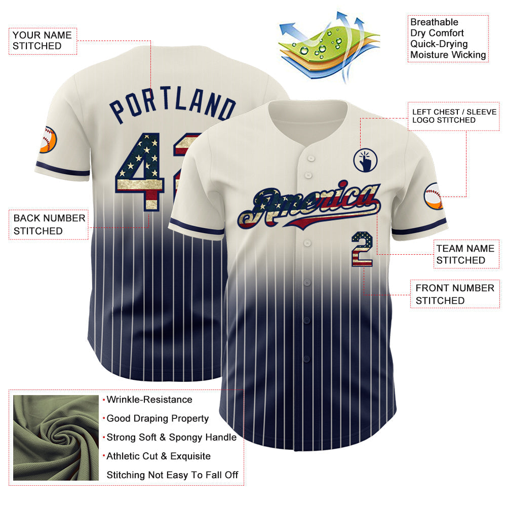 Custom Cream Pinstripe Vintage USA Flag-Navy Authentic Fade Fashion Baseball Jersey baseball jersey product view 4