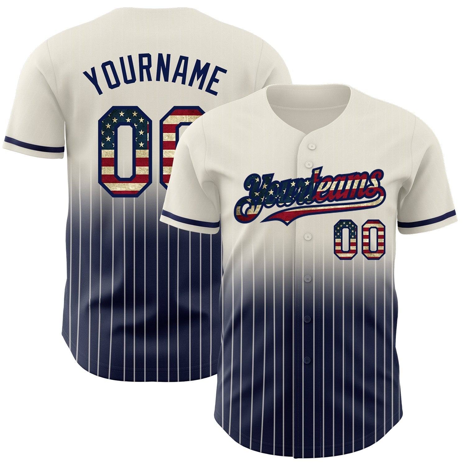 Custom Cream Pinstripe Vintage USA Flag-Navy Authentic Fade Fashion Baseball Jersey baseball jersey product view 1