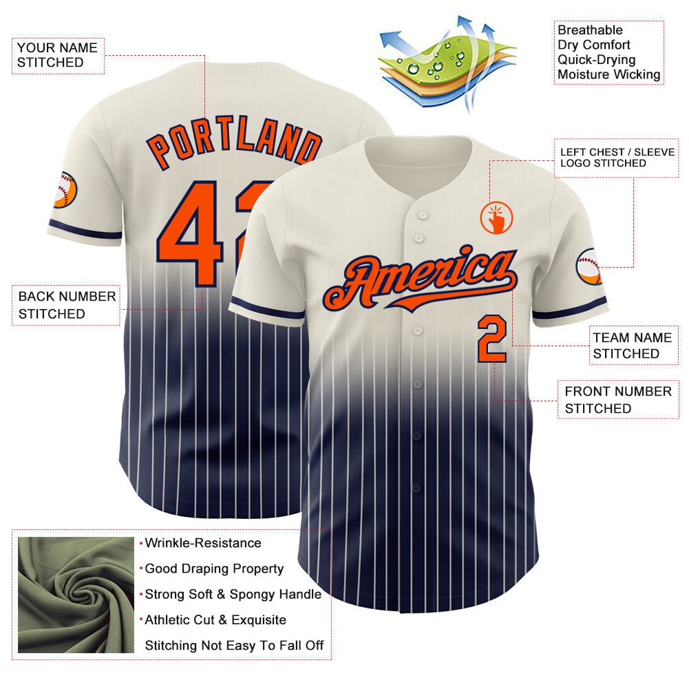Custom Cream Pinstripe Orange-Navy Authentic Fade Fashion Baseball Jersey baseball jersey product view 4
