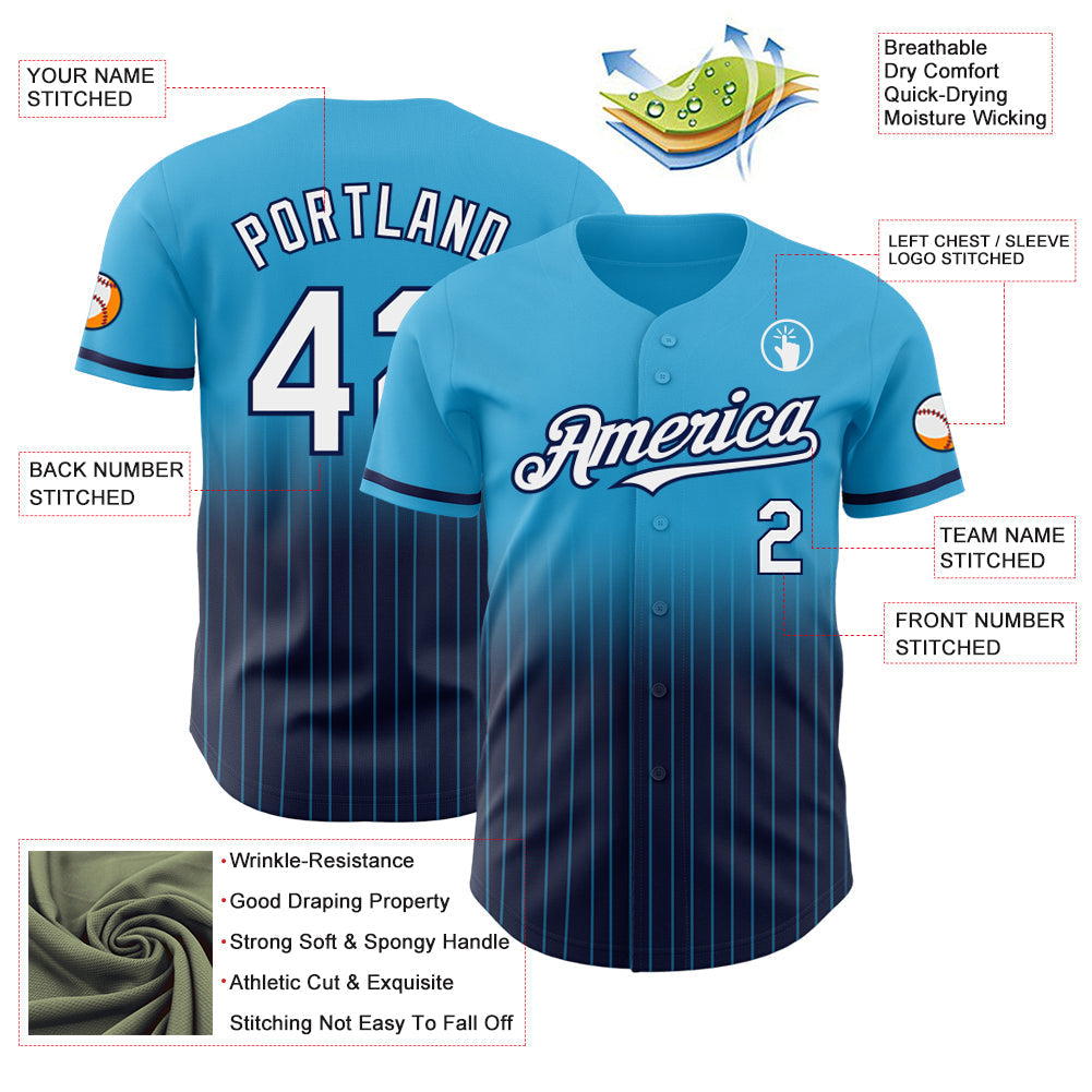 Custom Sky Blue Pinstripe White-Navy Authentic Fade Fashion Baseball Jersey baseball jersey product view 4