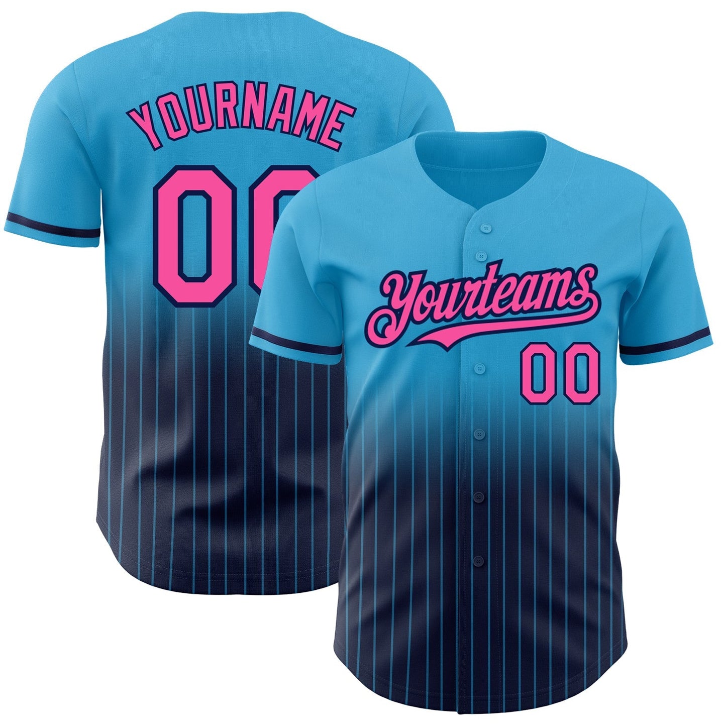 Custom Sky Blue Pinstripe Pink-Navy Authentic Fade Fashion Baseball Jersey baseball jersey product view 1