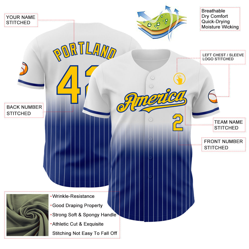 Custom White Pinstripe Yellow-Royal Authentic Fade Fashion Baseball Jersey baseball jersey product view 4