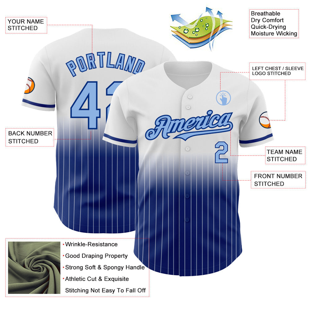 Custom White Pinstripe Light Blue-Royal Authentic Fade Fashion Baseball Jersey baseball jersey product view 4