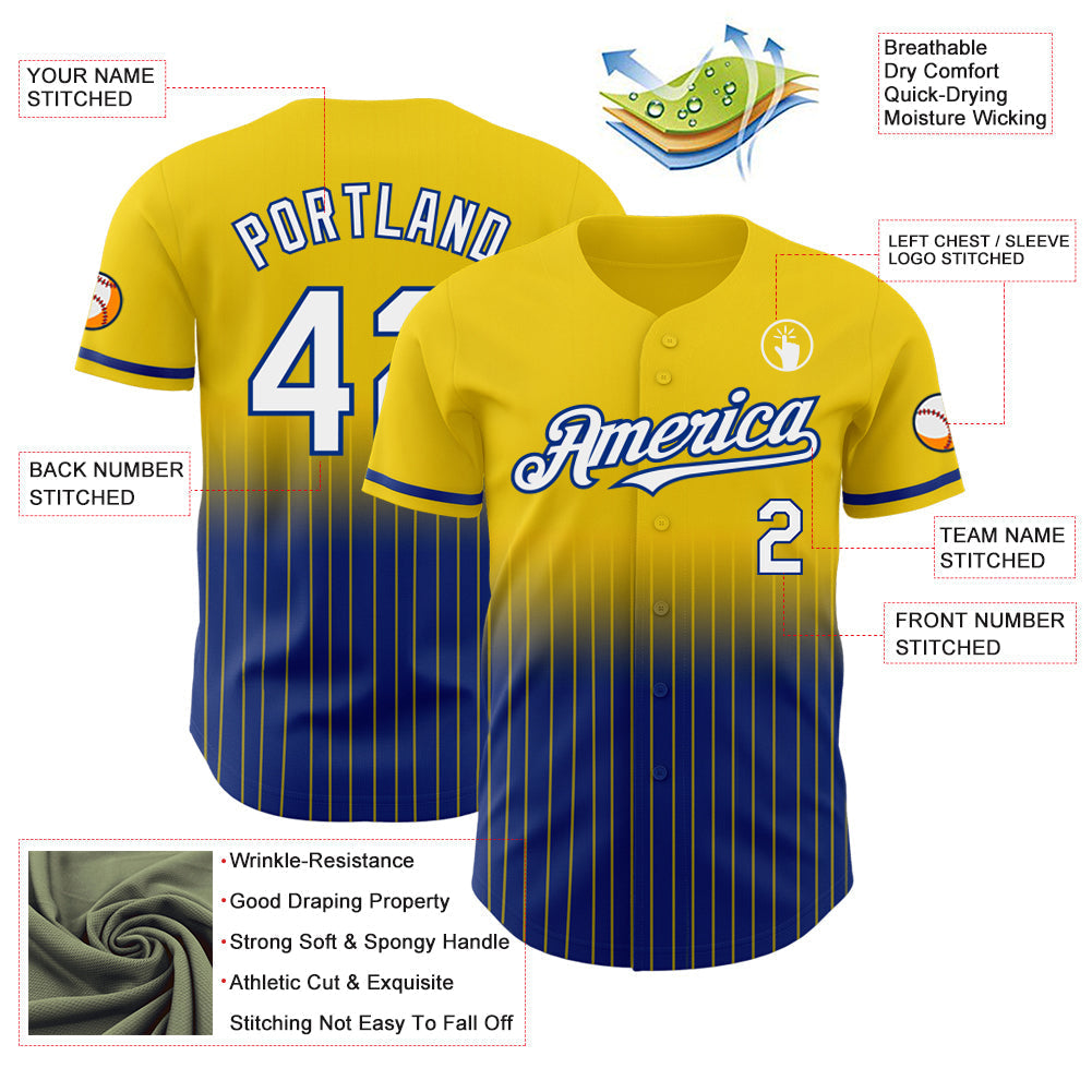 Custom Yellow Pinstripe White-Royal Authentic Fade Fashion Baseball Jersey baseball jersey product view 4