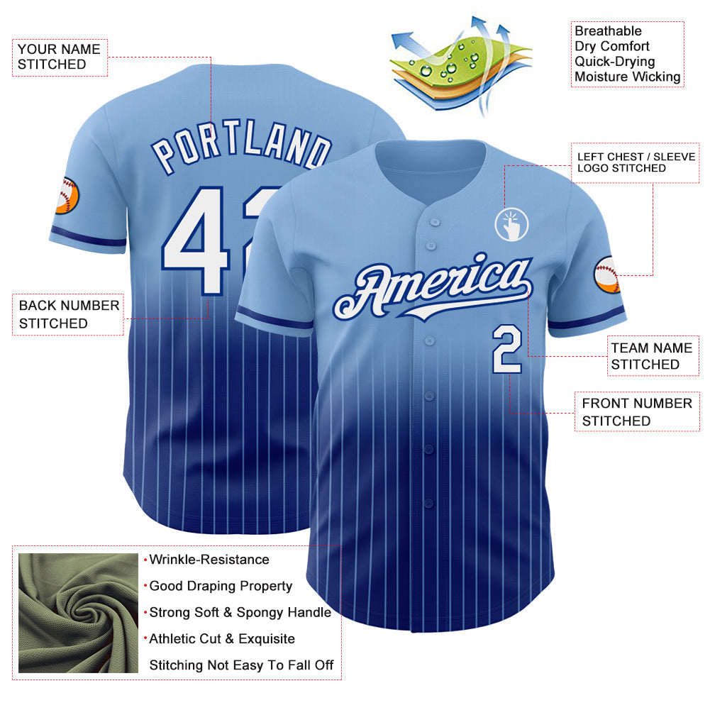 Custom Light Blue Pinstripe White-Royal Authentic Fade Fashion Baseball Jersey baseball jersey product view 4