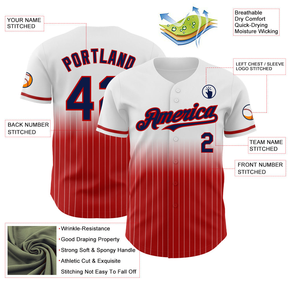 Custom White Pinstripe Navy-Red Authentic Fade Fashion Baseball Jersey baseball jersey product view 4