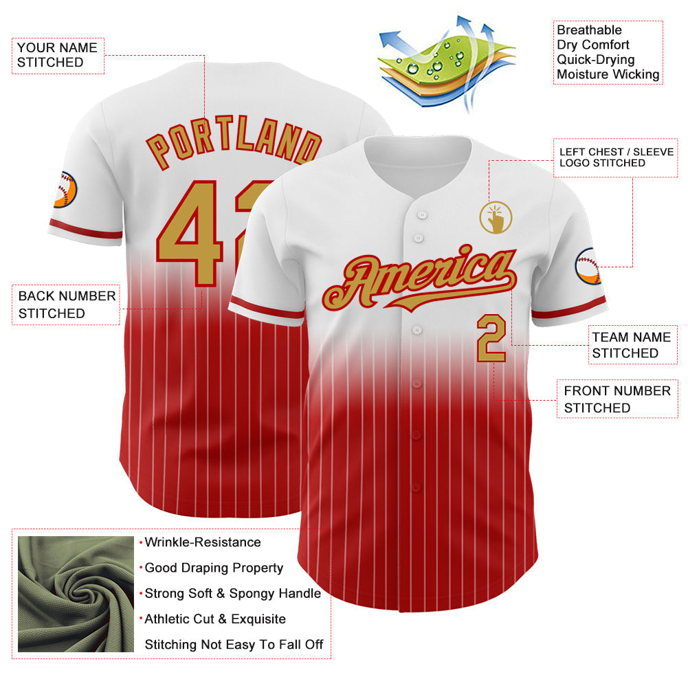 Custom White Pinstripe Old Gold-Red Authentic Fade Fashion Baseball Jersey baseball jersey product view 4
