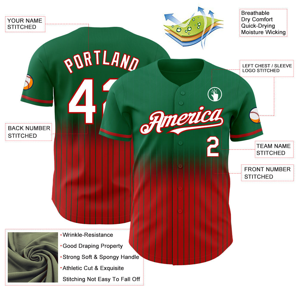 Custom Kelly Green Pinstripe White-Red Authentic Fade Fashion Baseball Jersey baseball jersey product view 4