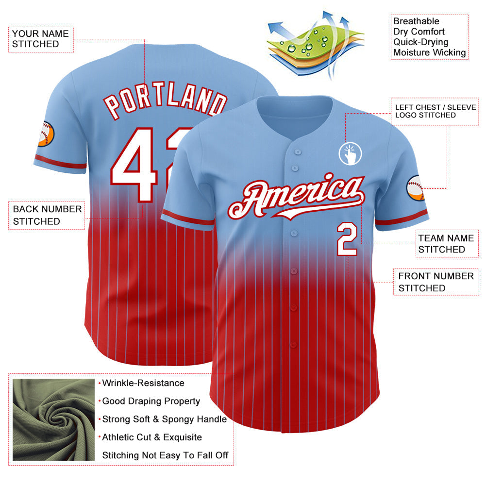 Custom Light Blue Pinstripe White-Red Authentic Fade Fashion Baseball Jersey baseball jersey product view 4