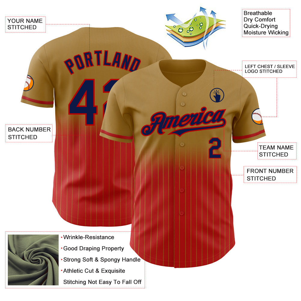 Custom Old Gold Pinstripe Navy-Red Authentic Fade Fashion Baseball Jersey baseball jersey product view 4