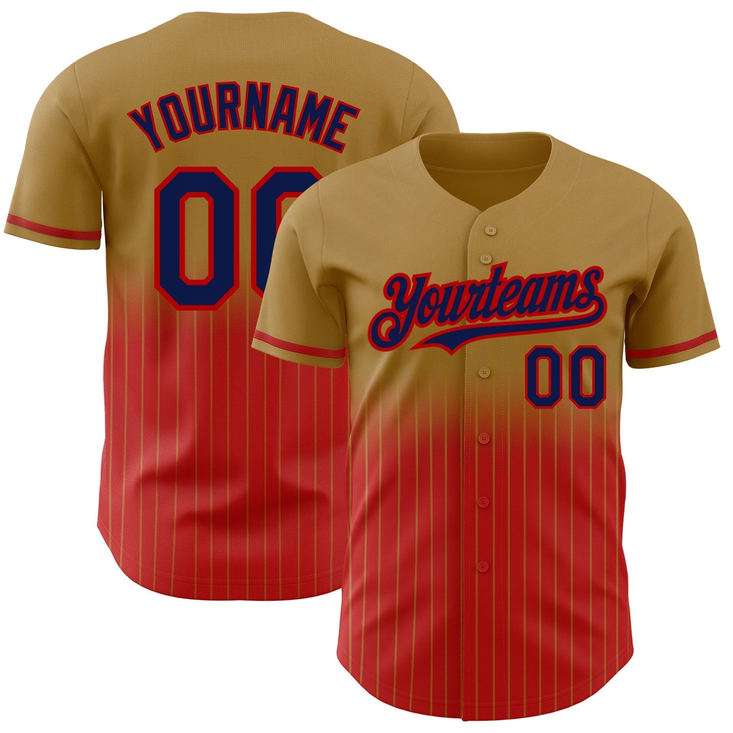 Custom Old Gold Pinstripe Navy-Red Authentic Fade Fashion Baseball Jersey baseball jersey product view 1