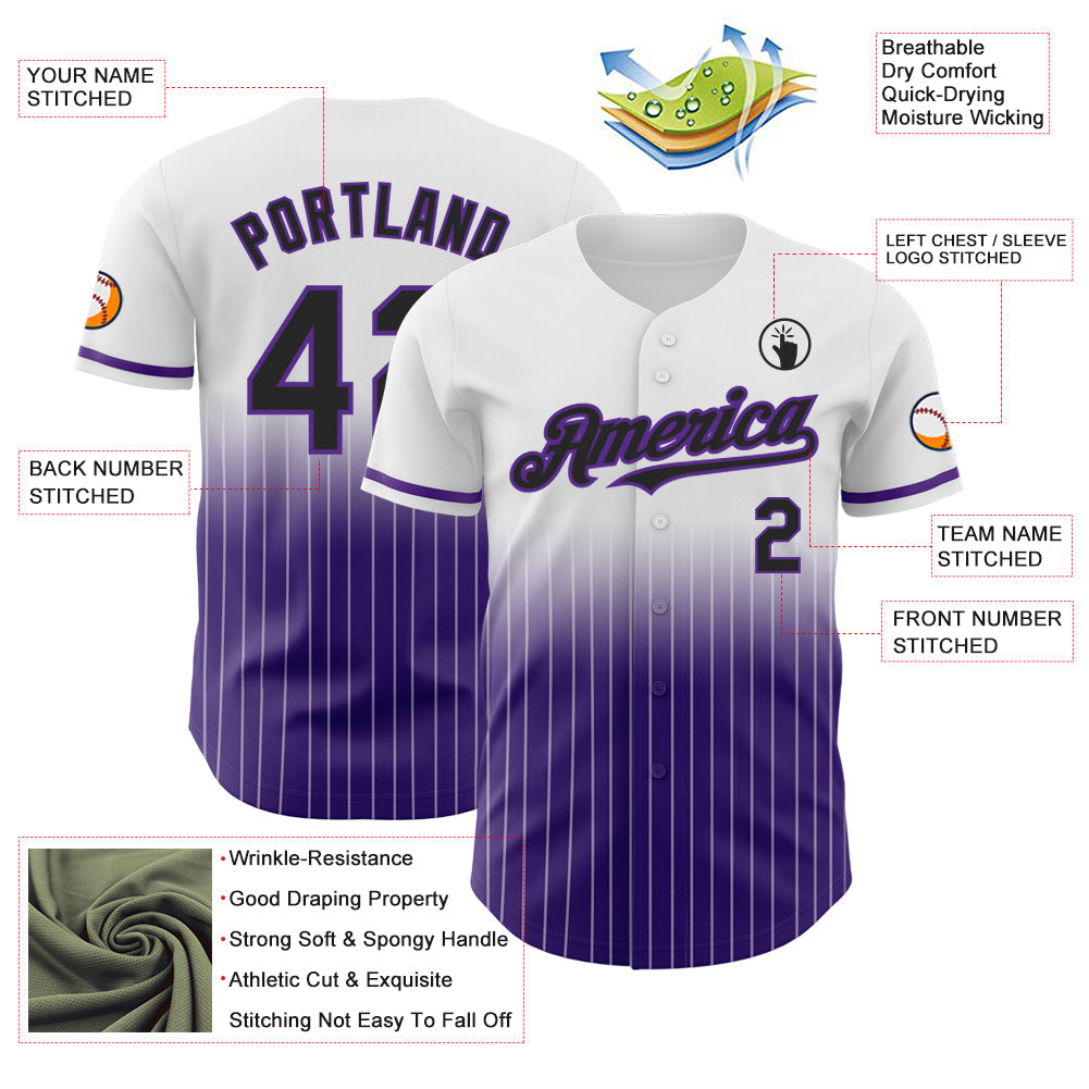 Custom White Pinstripe Black-Purple Authentic Fade Fashion Baseball Jersey baseball jersey product view 4