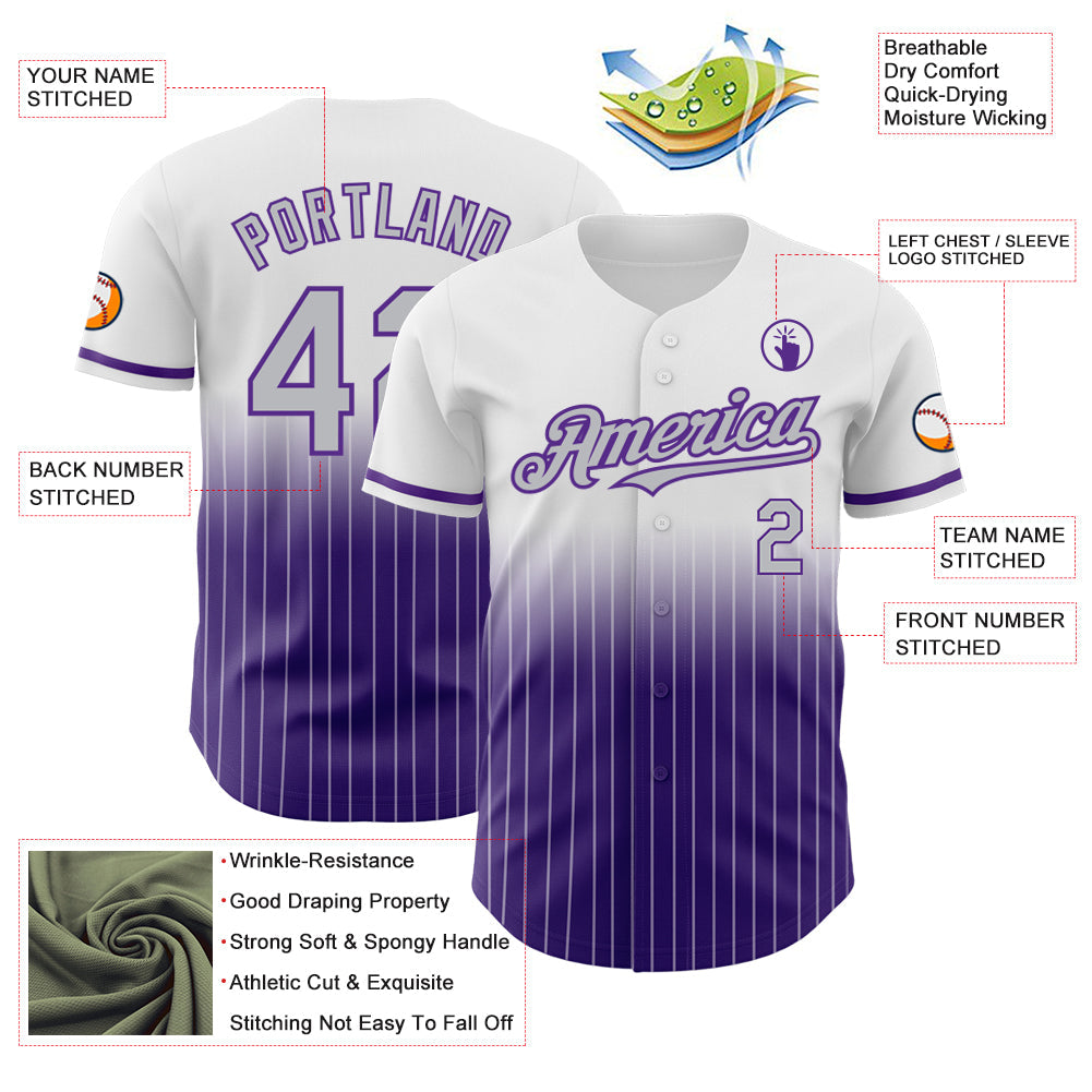 Custom White Pinstripe Gray-Purple Authentic Fade Fashion Baseball Jersey baseball jersey product view 4