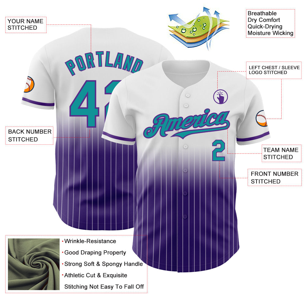 Custom White Pinstripe Teal-Purple Authentic Fade Fashion Baseball Jersey baseball jersey product view 4