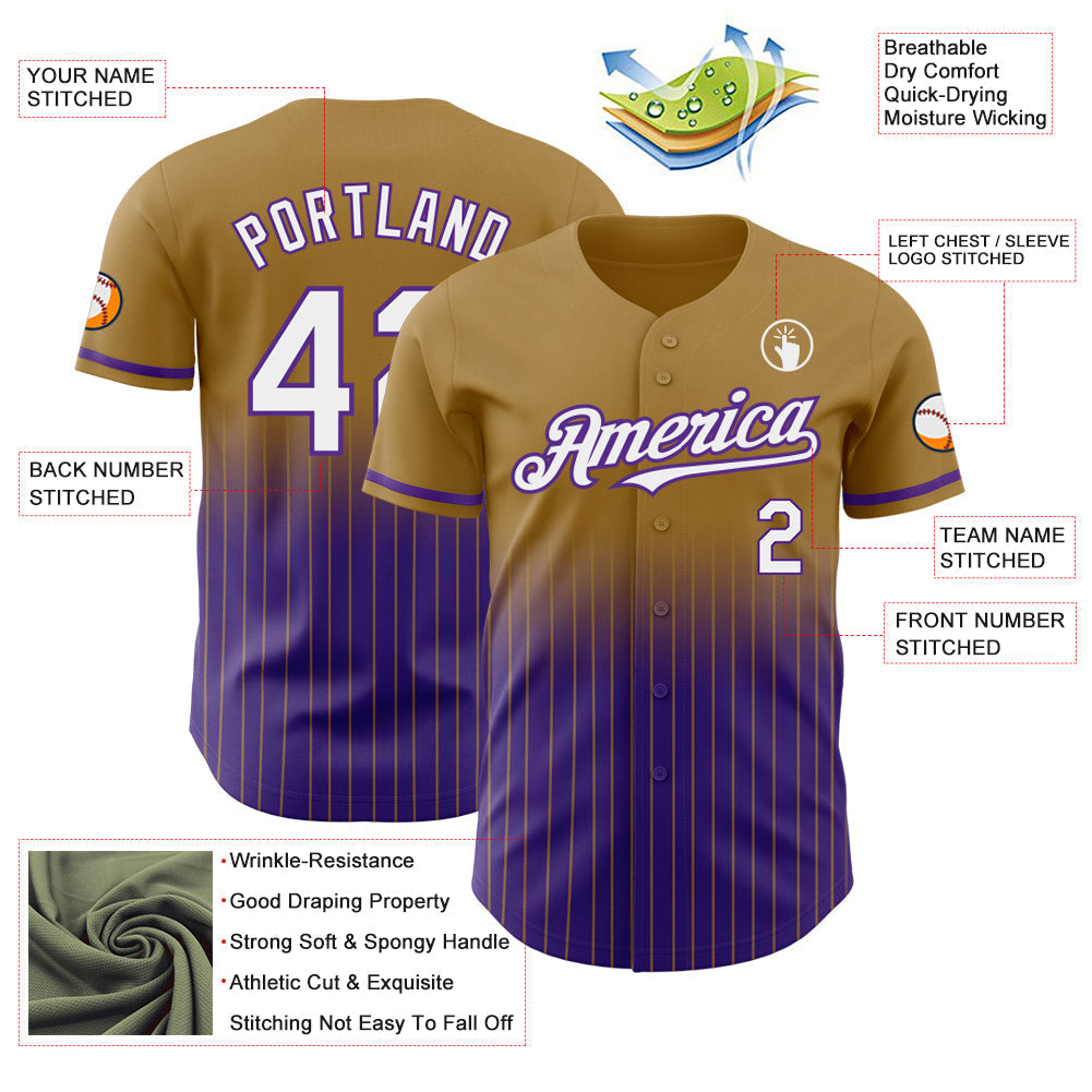 Custom Old Gold Pinstripe White-Purple Authentic Fade Fashion Baseball Jersey baseball jersey product view 4