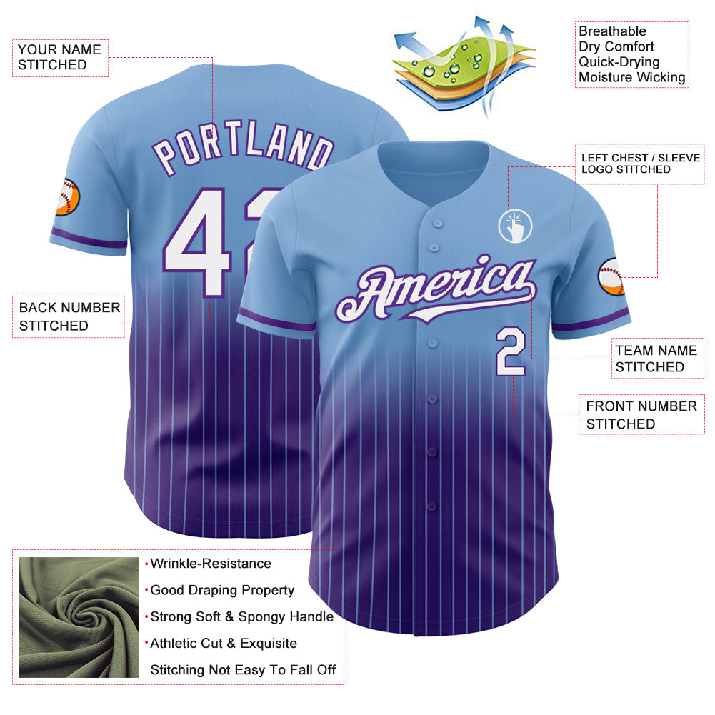 Custom Light Blue Pinstripe White-Purple Authentic Fade Fashion Baseball Jersey baseball jersey product view 4