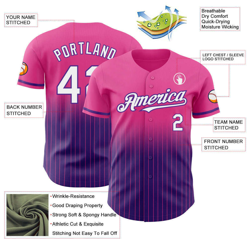 Custom Pink Pinstripe White-Purple Authentic Fade Fashion Baseball Jersey baseball jersey product view 4