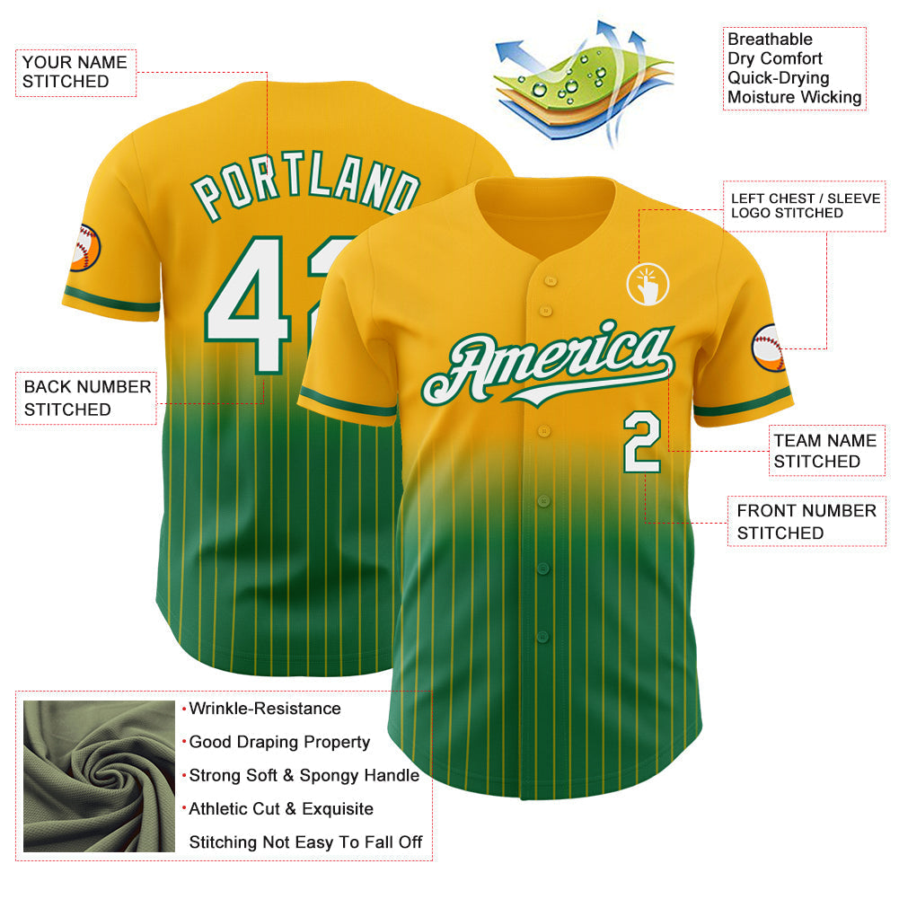Custom Gold Pinstripe White-Kelly Green Authentic Fade Fashion Baseball Jersey baseball jersey product view 4
