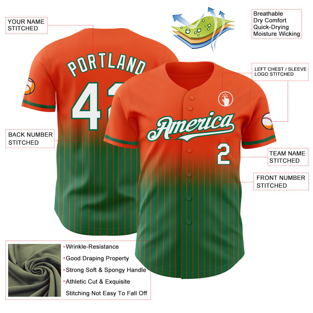 Custom Orange Pinstripe White-Kelly Green Authentic Fade Fashion Baseball Jersey baseball jersey product view 4