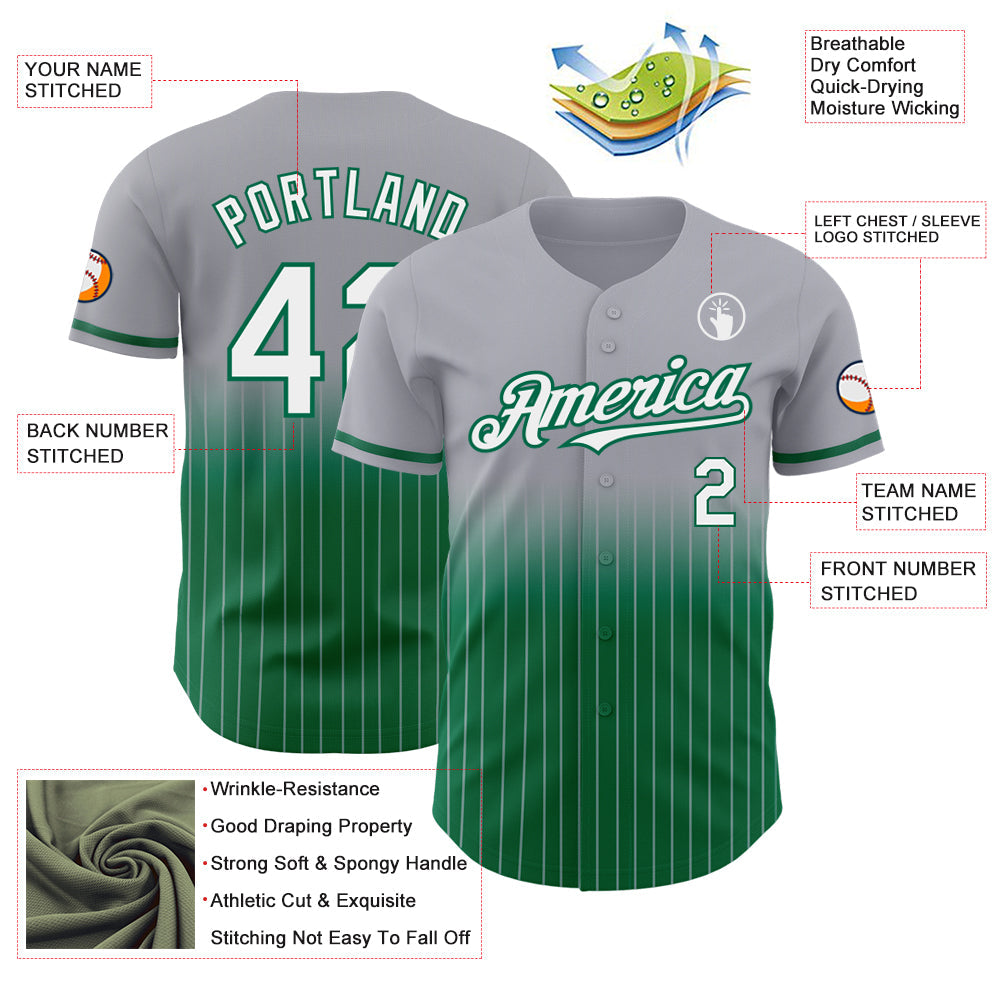 Custom Gray Pinstripe White-Kelly Green Authentic Fade Fashion Baseball Jersey baseball jersey product view 4