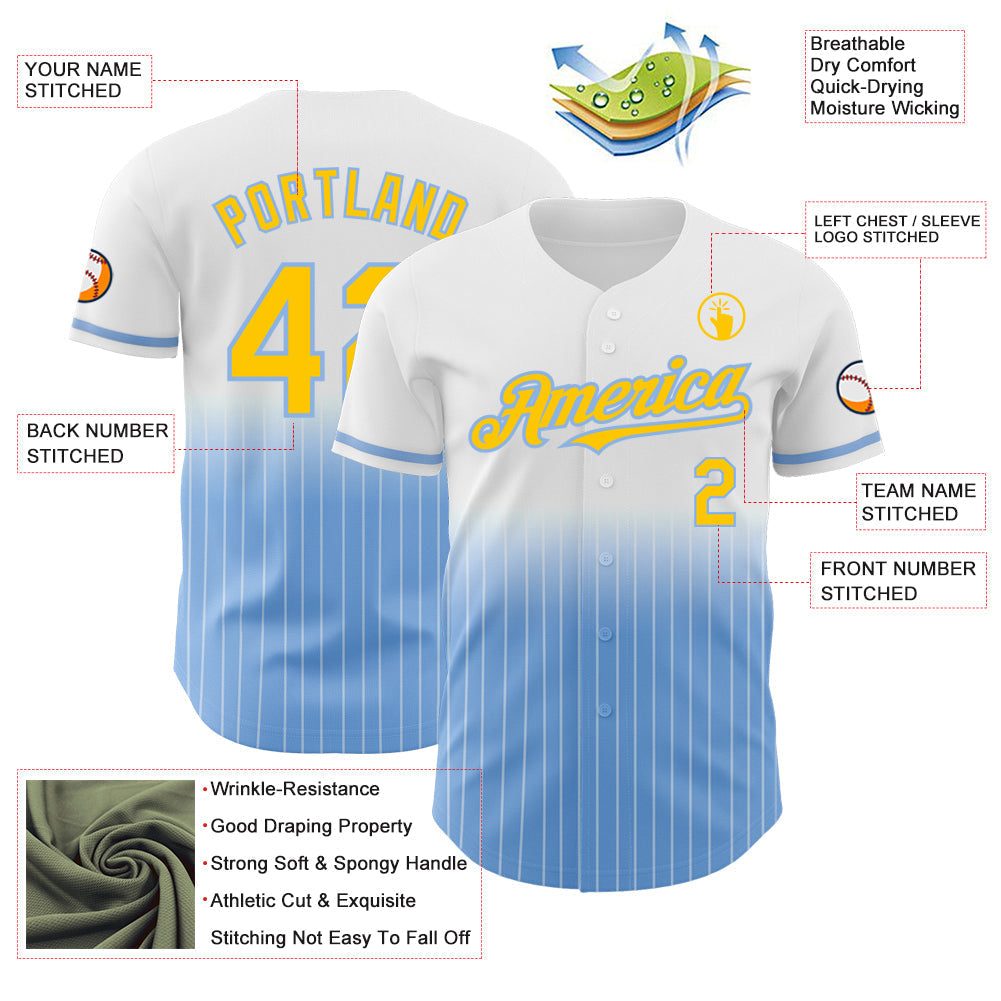 Custom White Pinstripe Yellow-Light Blue Authentic Fade Fashion Baseball Jersey baseball jersey product view 4