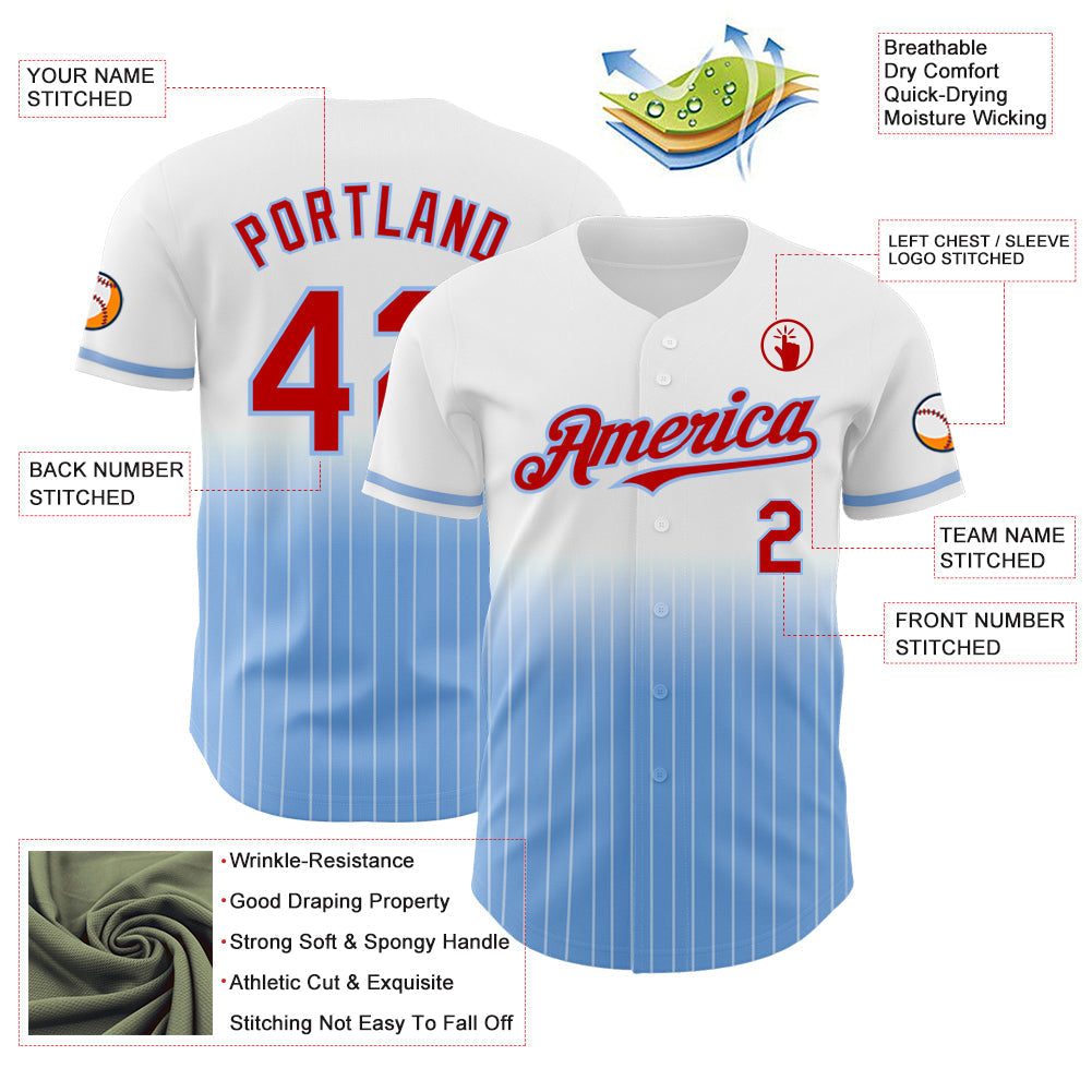 Custom White Pinstripe Red-Light Blue Authentic Fade Fashion Baseball Jersey baseball jersey product view 4