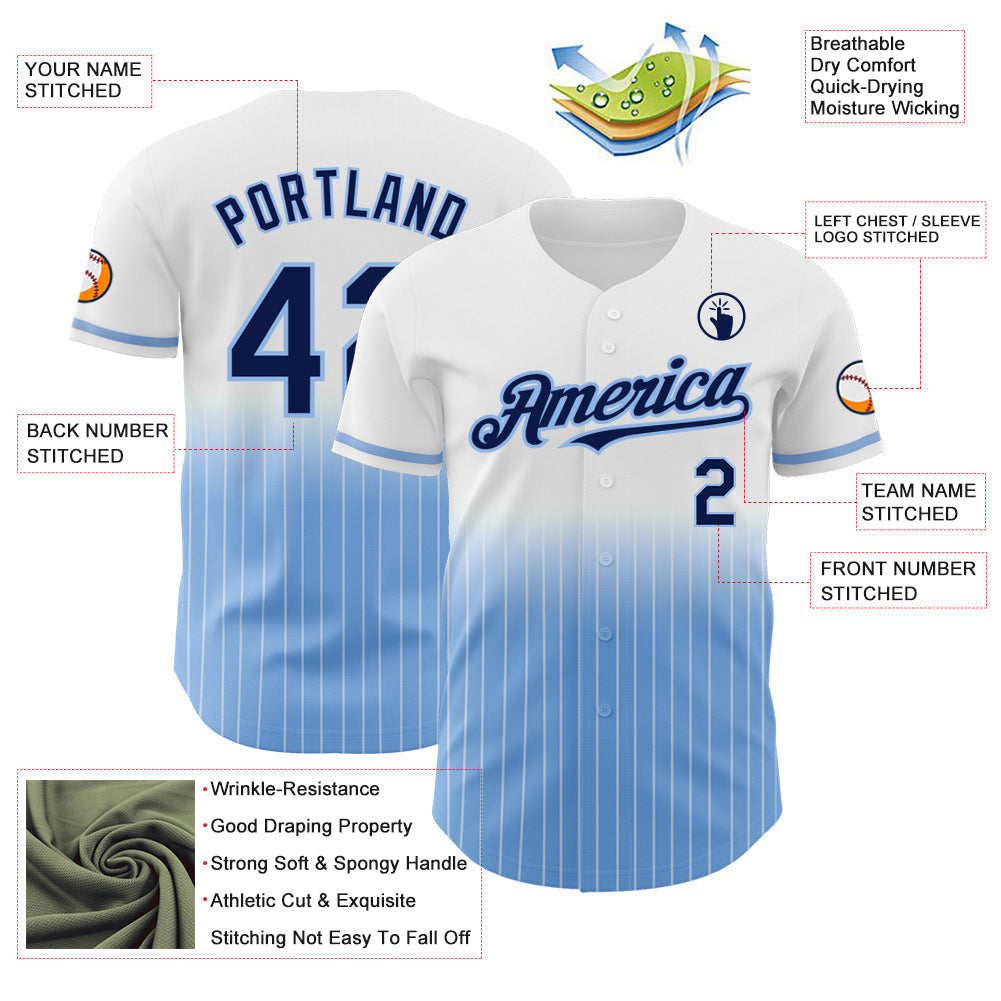 Custom White Pinstripe Navy-Light Blue Authentic Fade Fashion Baseball Jersey baseball jersey product view 4