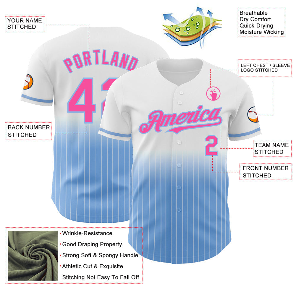 Custom White Pinstripe Pink-Light Blue Authentic Fade Fashion Baseball Jersey baseball jersey product view 4