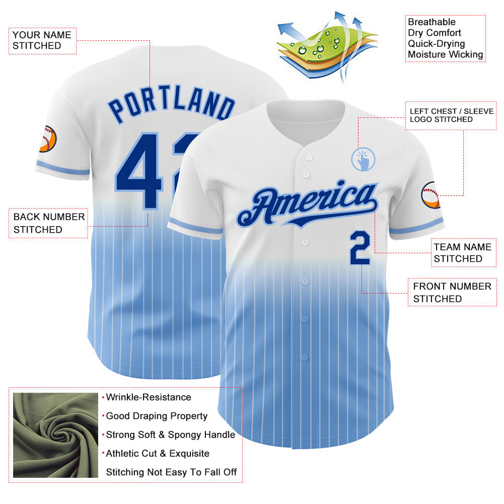 Custom White Pinstripe Royal-Light Blue Authentic Fade Fashion Baseball Jersey baseball jersey product view 4