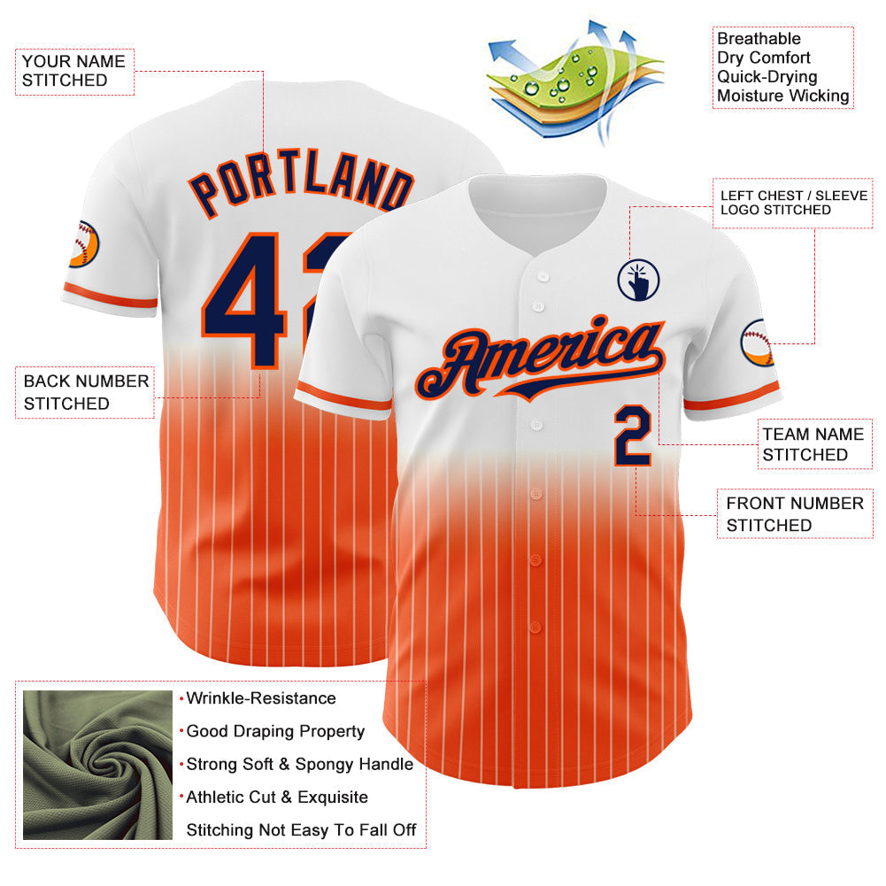 Custom White Pinstripe Navy-Orange Authentic Fade Fashion Baseball Jersey baseball jersey product view 4