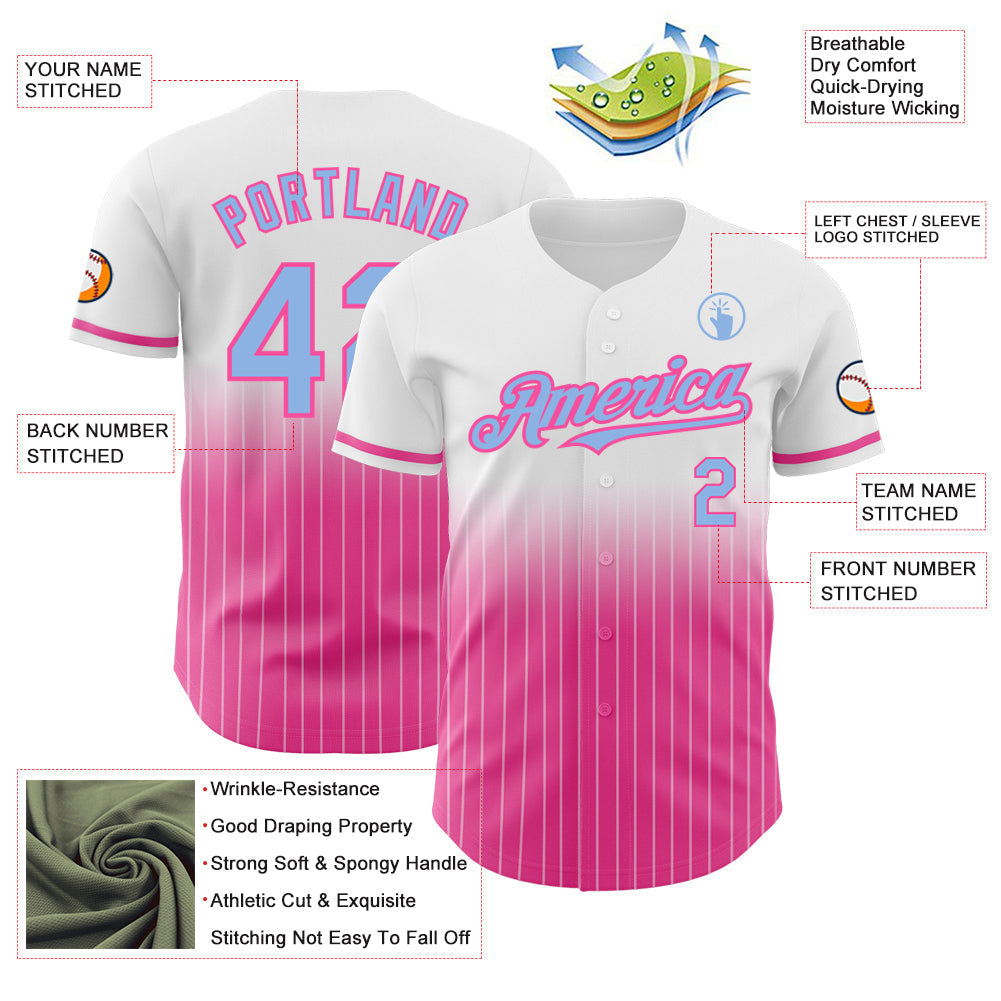 Custom White Pinstripe Light Blue-Pink Authentic Fade Fashion Baseball Jersey baseball jersey product view 4