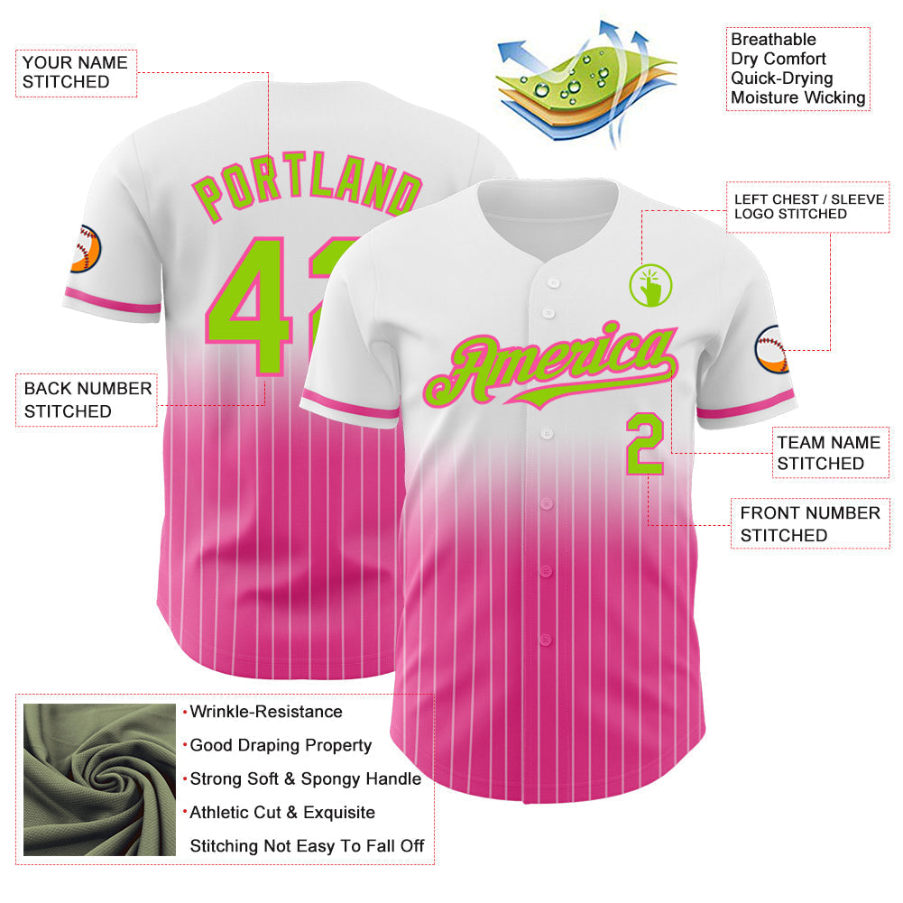 Custom White Pinstripe Neon Green-Pink Authentic Fade Fashion Baseball Jersey baseball jersey product view 4
