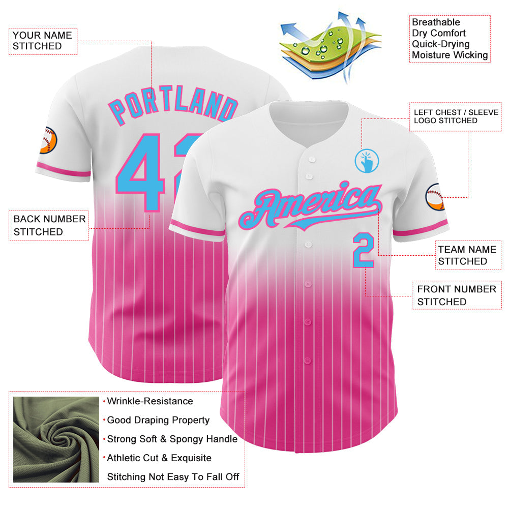 Custom White Pinstripe Sky Blue-Pink Authentic Fade Fashion Baseball Jersey baseball jersey product view 4