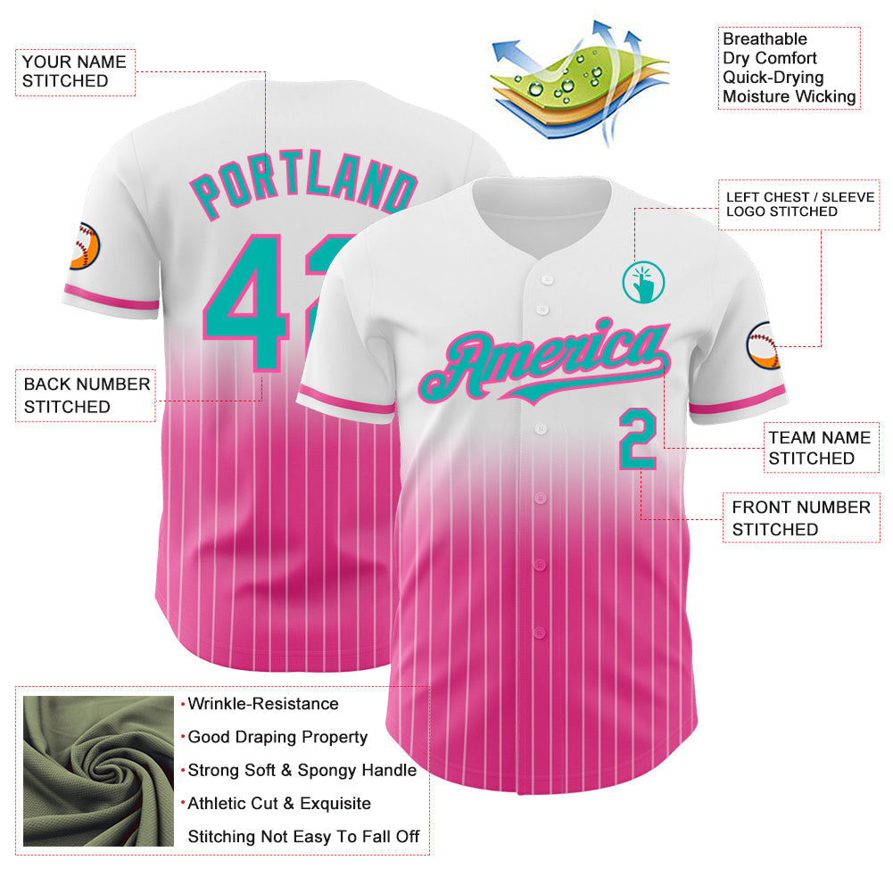 Custom White Pinstripe Aqua-Pink Authentic Fade Fashion Baseball Jersey baseball jersey product view 4