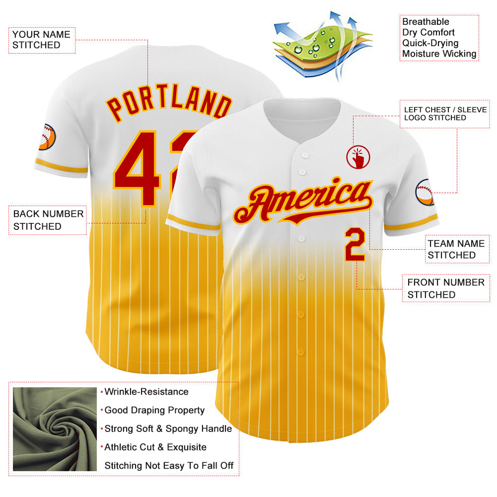 Custom White Pinstripe Red-Gold Authentic Fade Fashion Baseball Jersey baseball jersey product view 4