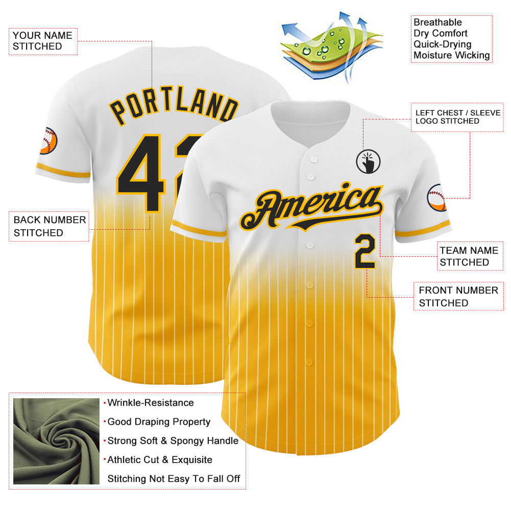 Custom White Pinstripe Black-Gold Authentic Fade Fashion Baseball Jersey baseball jersey product view 4