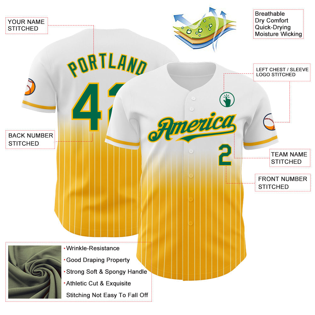 Custom White Pinstripe Kelly Green-Gold Authentic Fade Fashion Baseball Jersey baseball jersey product view 4