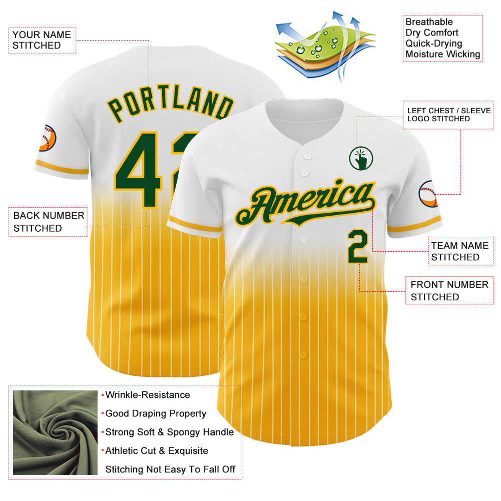 Custom White Pinstripe Green-Gold Authentic Fade Fashion Baseball Jersey baseball jersey product view 4