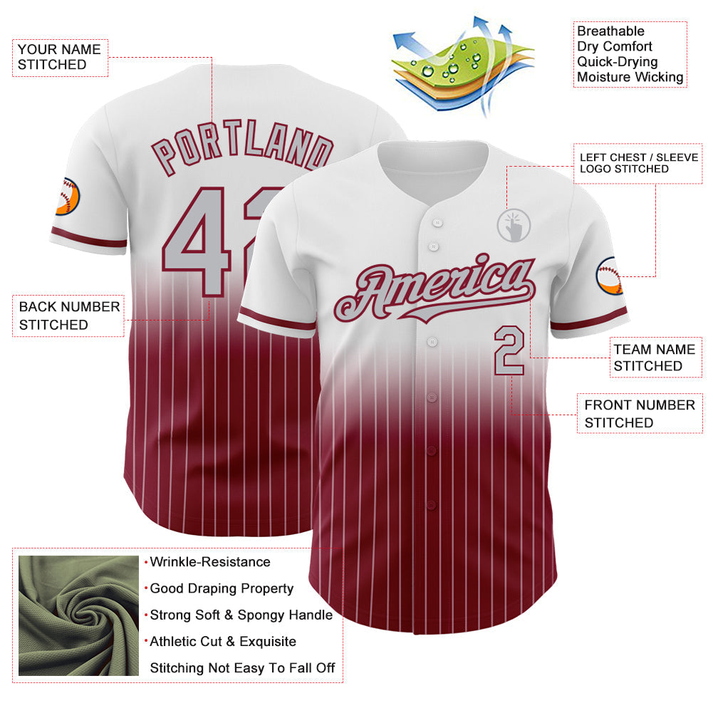 Custom White Pinstripe Gray-Crimson Authentic Fade Fashion Baseball Jersey baseball jersey product view 4