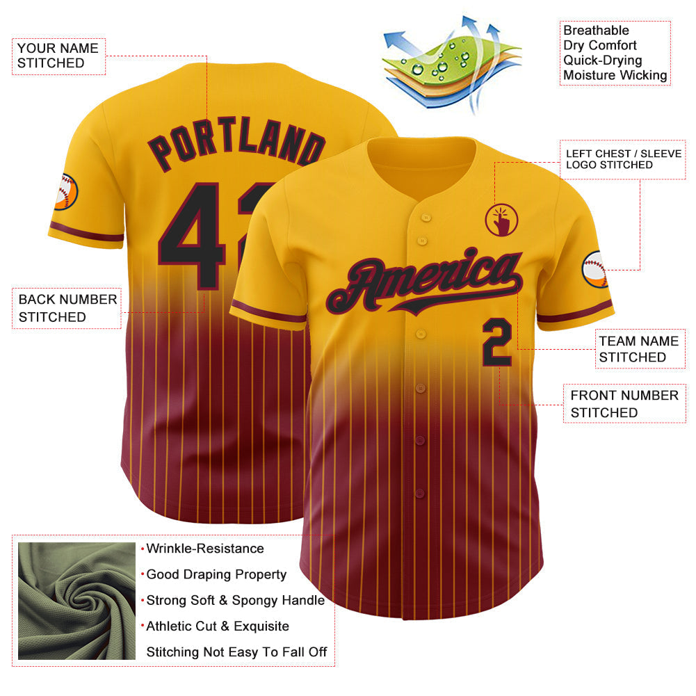 Custom Gold Pinstripe Black-Crimson Authentic Fade Fashion Baseball Jersey baseball jersey product view 4